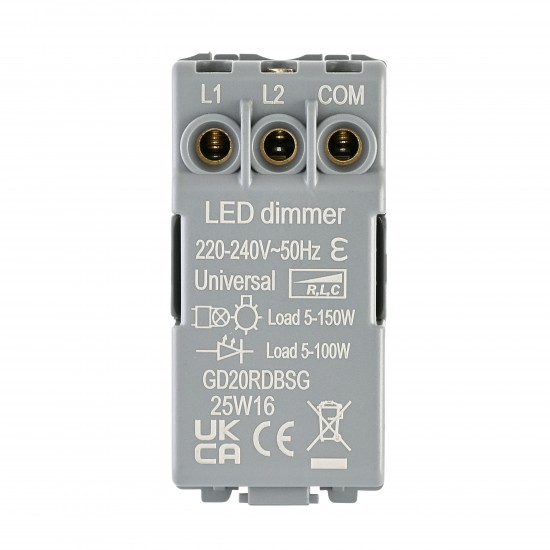 Saxby Grid 1 Gang 2-Way 100W LED Dimmer Module - Brushed Steel Grey Insert