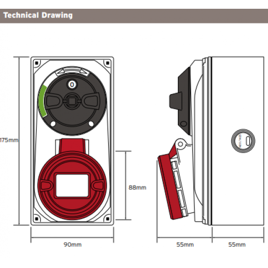 NIGLON 32A 5 PIN IP44 INTERLOCKING SWITCH SOCKET 415V RED