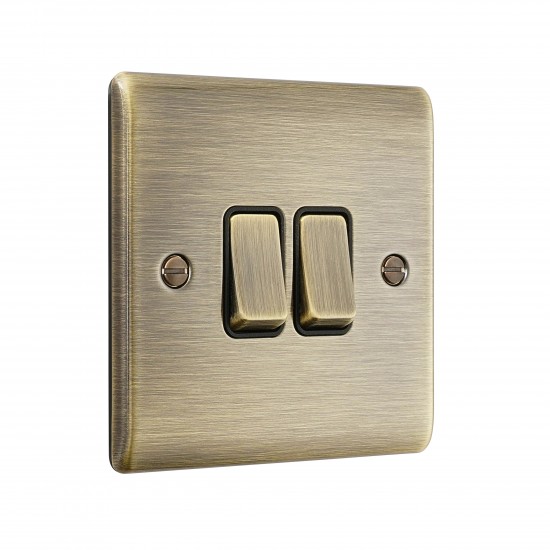 Saxby Raised Screwed 10AX 2 Gang 2-Way Switch - Antique Brass with Black Insert