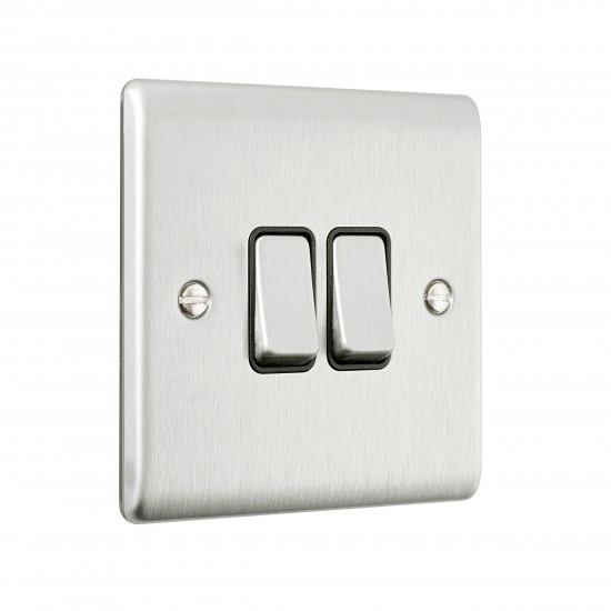 Saxby Raised Screwed 10AX 2 Gang 2-Way Switch - Brushed Steel with Black Insert