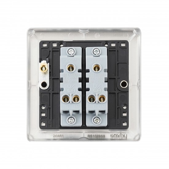 Saxby Raised Screwed 10AX 2 Gang 2-Way Switch - Brushed Steel with Black Insert