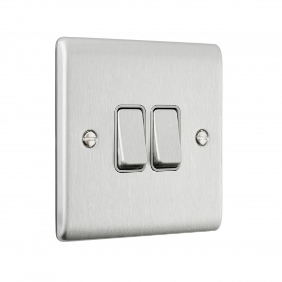 Saxby Raised Screwed 10AX 2 Gang 2-Way Switch - Brushed Steel with Grey Insert