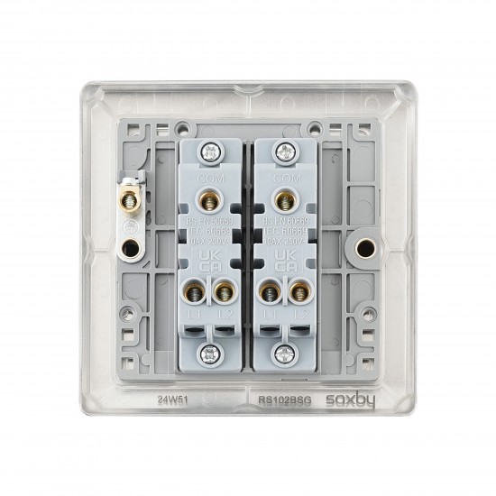 Saxby Raised Screwed 10AX 2 Gang 2-Way Switch - Brushed Steel with Grey Insert