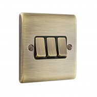 Saxby Raised Screwed 10AX 3 Gang 2-Way Switch - Antique Brass with Black Insert