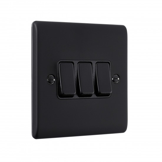 Saxby Raised Screwed 10AX 3 Gang 2-Way Switch - Matt Black with Black Insert