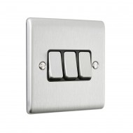 Saxby Raised Screwed 10AX 3 Gang 2-Way Switch - Brushed Steel with Black Insert