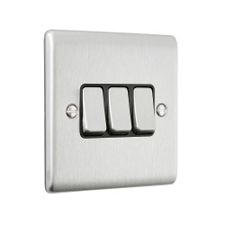 Saxby Raised Screwed 10AX 3 Gang 2-Way Switch - Brushed Steel with Black Insert