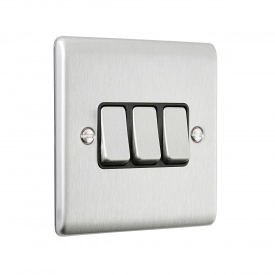 Saxby Raised Screwed 10AX 3 Gang 2-Way Switch - Brushed Steel with Black Insert