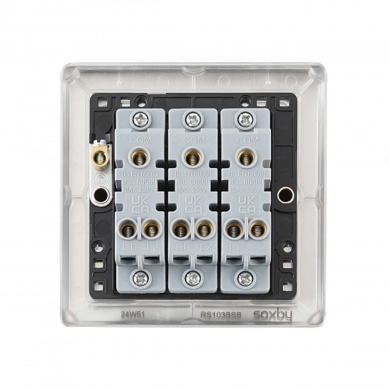 Saxby Raised Screwed 10AX 3 Gang 2-Way Switch - Brushed Steel with Black Insert