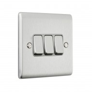 Saxby Raised Screwed 10AX 3 Gang 2-Way Switch - Brushed Steel with Grey Insert