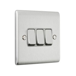 Saxby Raised Screwed 10AX 3 Gang 2-Way Switch - Brushed Steel with Grey Insert