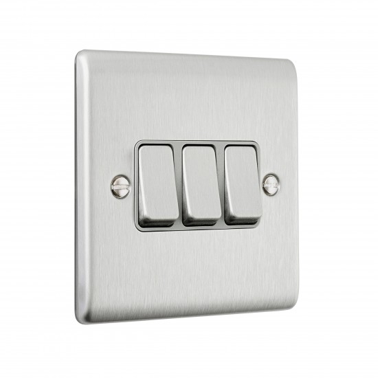 Saxby Raised Screwed 10AX 3 Gang 2-Way Switch - Brushed Steel with Grey Insert