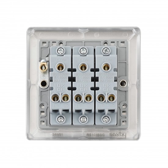 Saxby Raised Screwed 10AX 3 Gang 2-Way Switch - Brushed Steel with Grey Insert