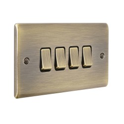 Saxby Raised Screwed 10AX 4 Gang 2-Way Switch - Antique Brass with Black Insert