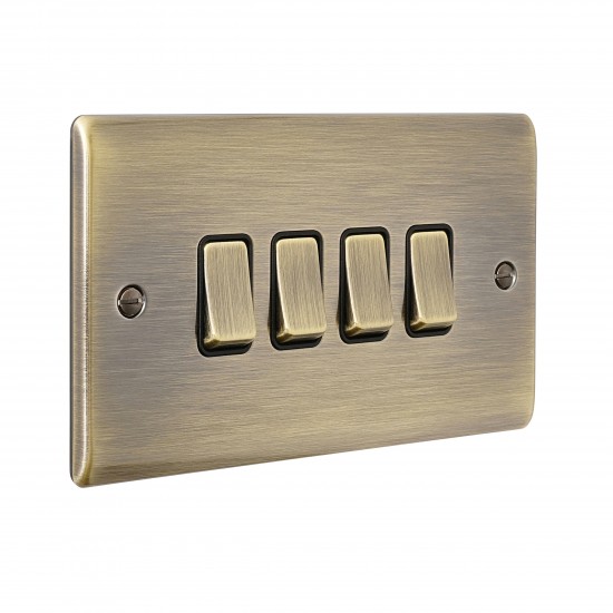 Saxby Raised Screwed 10AX 4 Gang 2-Way Switch - Antique Brass with Black Insert
