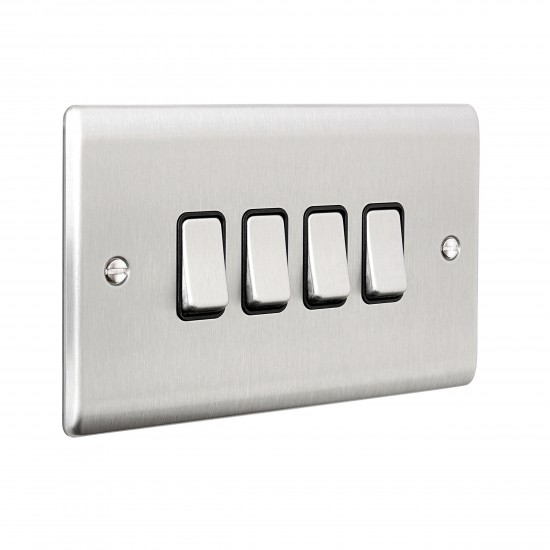 Saxby Raised Screwed 10AX 4 Gang 2-Way Switch - Brushed Steel with Black Insert