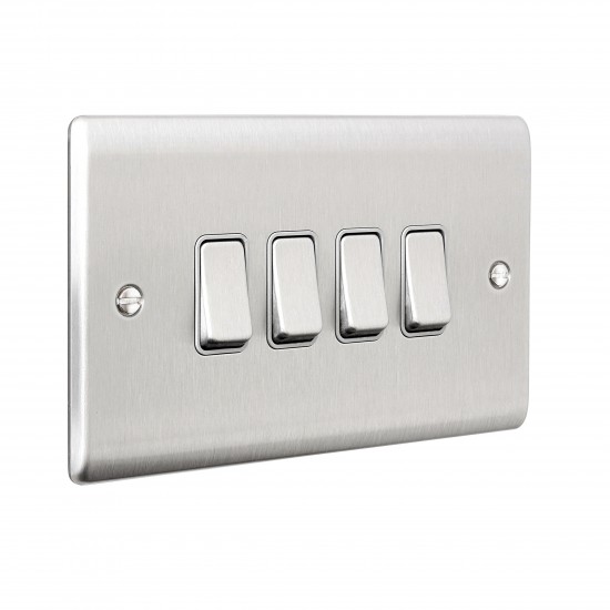 Saxby Raised Screwed 10AX 4 Gang 2-Way Switch - Brushed Steel with Grey Insert
