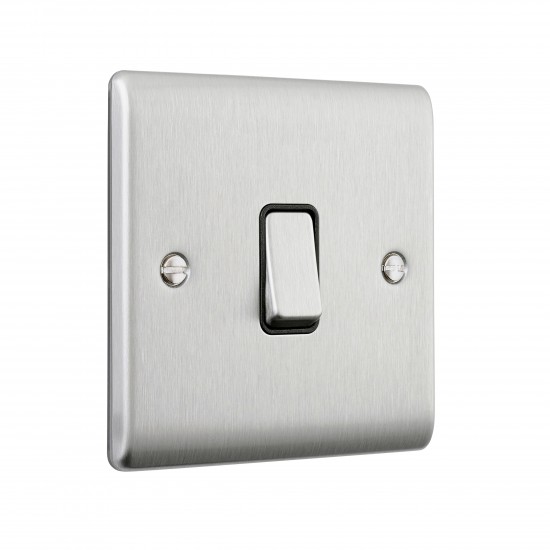 Saxby Raised Screwed 10AX 1 Gang Intermediate Switch - Brushed Steel with Black Insert