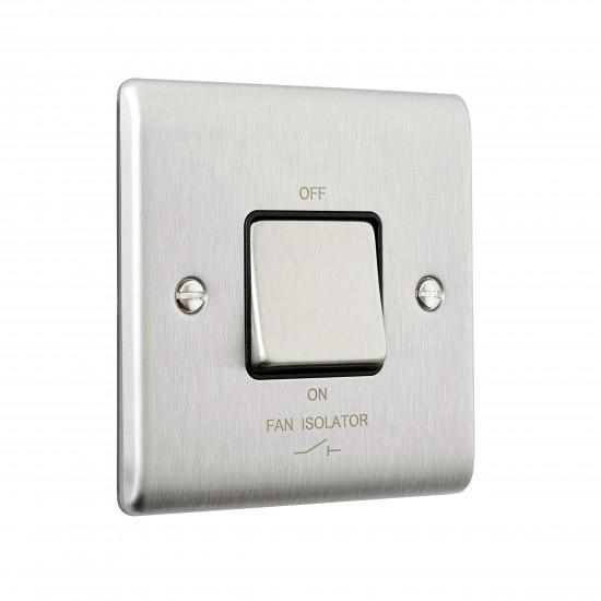 Saxby Raised Screwed 10AX 1 Gang 3-Pole Fan Isolator Switch - Brushed Steel with Black Insert