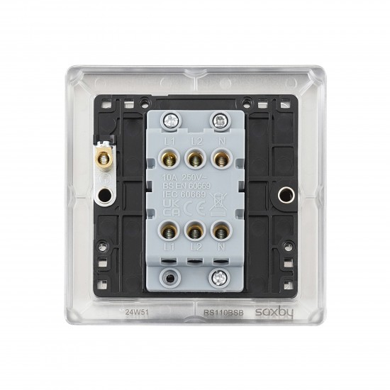 Saxby Raised Screwed 10AX 1 Gang 3-Pole Fan Isolator Switch - Brushed Steel with Black Insert