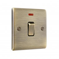 Saxby Raised Screwed 20A 1 Gang Double Pole Switch With Neon - Antique Brass with Black Insert