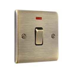Saxby Raised Screwed 20A 1 Gang Double Pole Switch With Neon - Antique Brass with Black Insert
