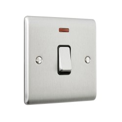Saxby Raised Screwed 20A 1 Gang Double Pole Switch With Neon - Brushed Steel with Black Insert
