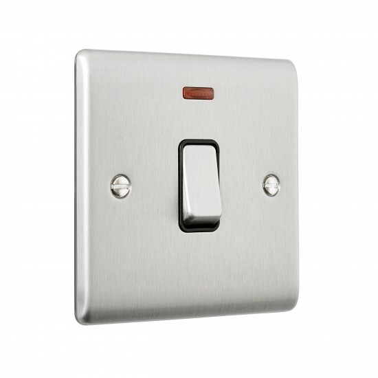Saxby Raised Screwed 20A 1 Gang Double Pole Switch With Neon - Brushed Steel with Black Insert