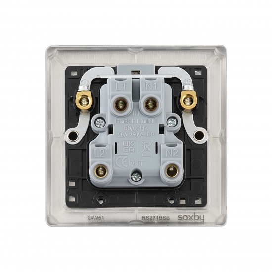 Saxby Raised Screwed 20A 1 Gang Double Pole Switch With Neon - Brushed Steel with Black Insert
