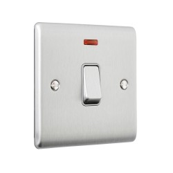 Saxby Raised Screwed 20A 1 Gang Double Pole Switch With Neon - Brushed Steel with Grey Insert