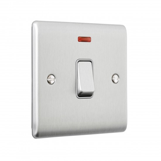 Saxby Raised Screwed 20A 1 Gang Double Pole Switch With Neon - Brushed Steel with Grey Insert