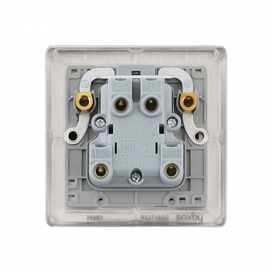 Saxby Raised Screwed 20A 1 Gang Double Pole Switch With Neon - Brushed Steel with Grey Insert
