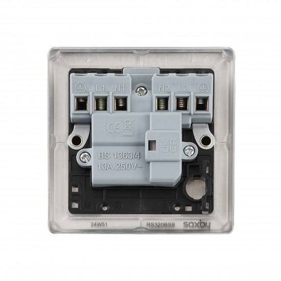 Saxby Raised Screwed 13A Switched Fused Spur Unit - Brushed Steel with Black Inserts