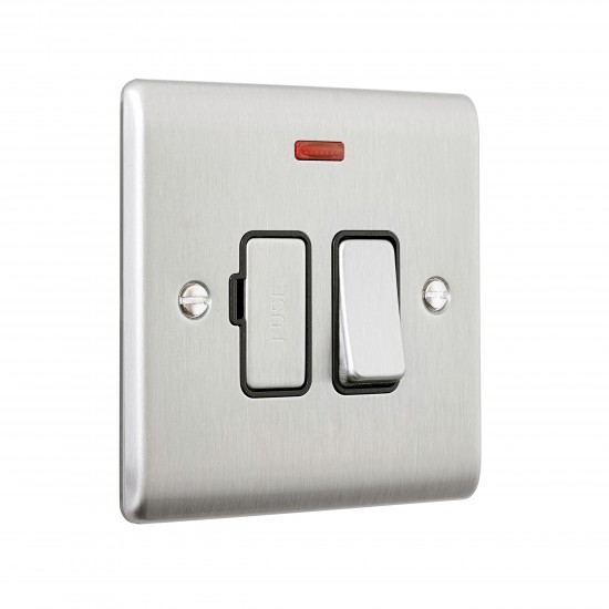 Saxby Raised Screwed 13A Switched Fused Spur Unit with Neon - Brushed Steel with Black Inserts