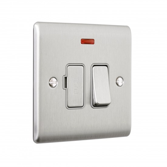 Saxby Raised Screwed 13A Switched Fused Spur Unit with Neon - Brushed Steel with Grey Inserts
