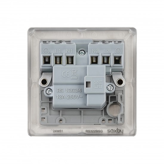 Saxby Raised Screwed 13A Switched Fused Spur Unit with Neon - Brushed Steel with Grey Inserts