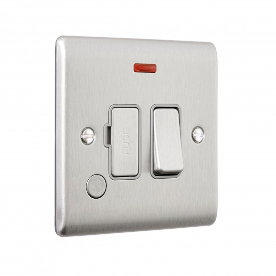 Saxby Raised Screwed 13A Switched Fused Spur Unit with F.O & Neon - Brushed Steel with Grey Inserts
