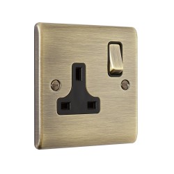 Saxby Raised Screwed 13A 1 Gang Double Pole Switched Socket - Antique Brass with Black Inserts