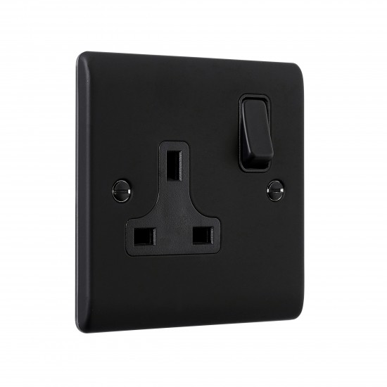 Saxby Raised Screwed 13A 1 Gang Double Pole Switched Socket - Matt Black with Black Inserts