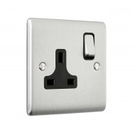 Saxby Raised Screwed 13A 1 Gang Double Pole Switched Socket - Brushed Steel with Black Inserts