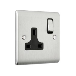 Saxby Raised Screwed 13A 1 Gang Double Pole Switched Socket - Brushed Steel with Black Inserts