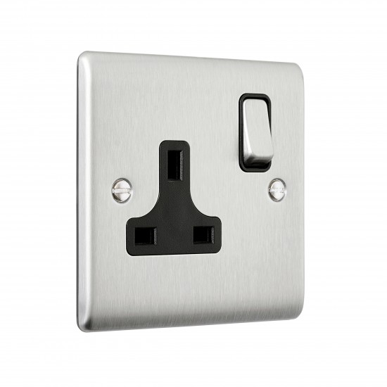 Saxby Raised Screwed 13A 1 Gang Double Pole Switched Socket - Brushed Steel with Black Inserts