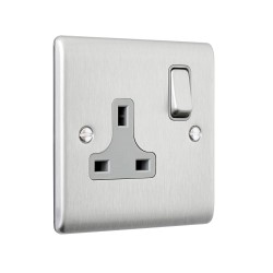 Saxby Raised Screwed 13A 1 Gang Double Pole Switched Socket - Brushed Steel with Grey Inserts