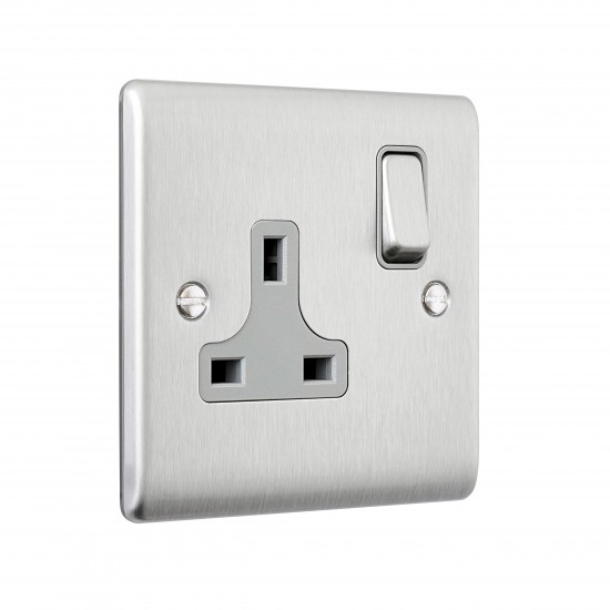 Saxby Raised Screwed 13A 1 Gang Double Pole Switched Socket - Brushed Steel with Grey Inserts