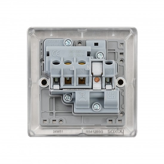 Saxby Raised Screwed 13A 1 Gang Double Pole Switched Socket - Brushed Steel with Grey Inserts