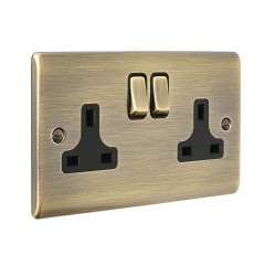Saxby Raised Screwed 13A 2 Gang Double Pole Switched Socket - Antique Brass with Black Inserts