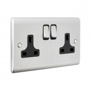 Saxby Raised Screwed 13A 2 Gang Double Pole Switched Socket - Brushed Steel with Black Inserts