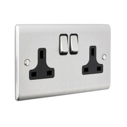 Saxby Raised Screwed 13A 2 Gang Double Pole Switched Socket - Brushed Steel with Black Inserts