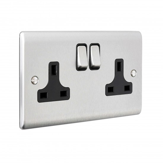 Saxby Raised Screwed 13A 2 Gang Double Pole Switched Socket - Brushed Steel with Black Inserts