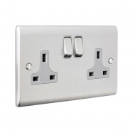 Saxby Raised Screwed 13A 2 Gang Double Pole Switched Socket - Brushed Steel with Grey Inserts